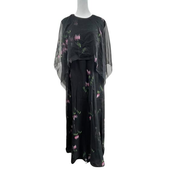 VTG 80s Black Chiffon Floral Maxi Dress Sz M Witchy Whimsigoth Cape Fairy Grunge - Picture 1 of 6